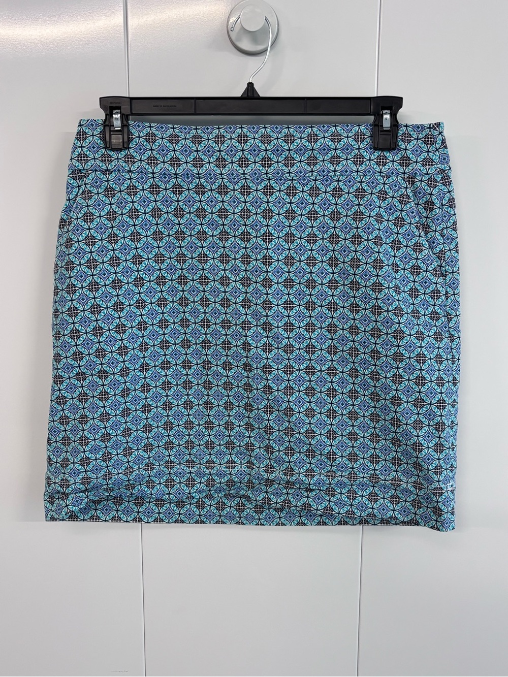 Talbots Skirt Womens 12 Blue Geometric Tile Print Cotton Blend Pockets Mini
